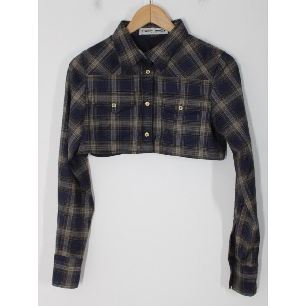 Frankie Morello S Blue Gray Plaid Cropped Long Sleeve Top